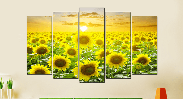 Tranh hoa hướng dương-bộ 5 tấm ghép-tranh tráng gương 5d cao cấp